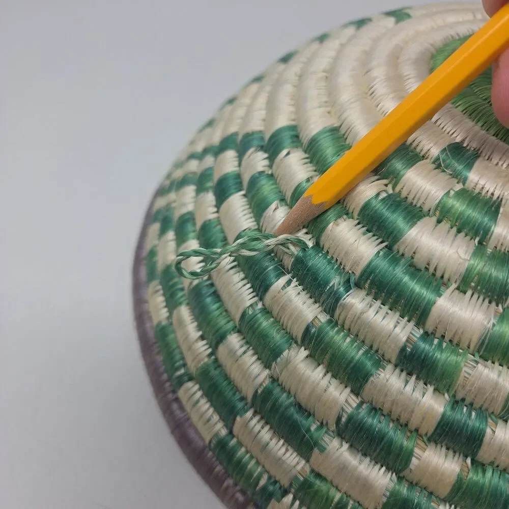 Vintage 11” Woven/Reed Coiled Basket Bowl Wall Green White African